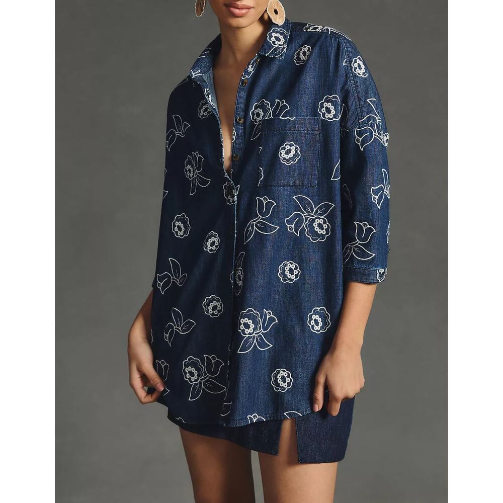 Maeve Anthropologie Oversized Denim Button Up Shirt 1X Embroidered Floral Cotton - Picture 4 of 14